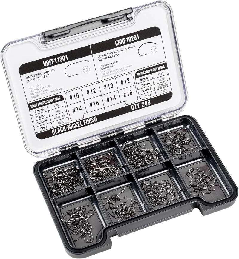 sf. 10# 12# 14# 16# Fly Tying Hooks Kit Assortment Micro Barbed High Carbon Steel Standard Dry Curved Nymph Scud Pupa Fly Fishing Hook 240Pcs with Waterproof Magnetic Hook Box - Image 1